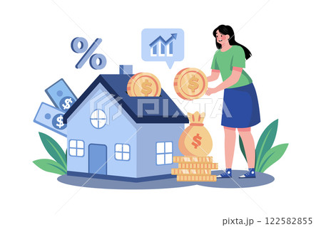 Female Investing Finance In Home Illustration concept on white background Female Investing Finance In Home Illustration concept on white background 122582855