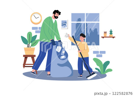 Father And Son Are Collecting Garbage At Home 122582876