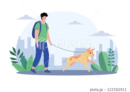 Young Man Walking With Cute Dog Young Man Walking With Cute Dog 122582911