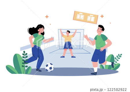 The Group Of Friends Is Playing Soccer In The Yard The Group Of Friends Is Playing Soccer In The Yard 122582922