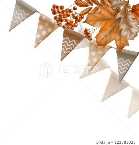 Corner fall template of garlands of flags and autumn leaves of maple, oak, mountain ash, berries for pumpkin,harvest festival or Thanksgiving decorations.Watercolor clipart on a transparent background Corner fall template of garlands of flags and autumn leaves of maple, oak, mountain ash, berries for pumpkin,harvest festival or Thanksgiving decorations.Watercolor clipart on a transparent background 122583025
