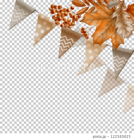 Corner fall template of garlands of flags and autumn leaves of maple, oak, mountain ash, berries for pumpkin,harvest festival or Thanksgiving decorations.Watercolor clipart on a transparent background Corner fall template of garlands of flags and autumn leaves of maple, oak, mountain ash, berries for pumpkin,harvest festival or Thanksgiving decorations.Watercolor clipart on a transparent background 122583025