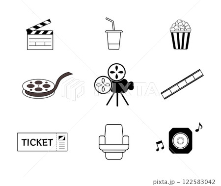 映画館関連のシンプルな白黒イラストセット 122583042