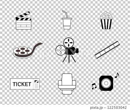 Cinema related simple black and white illustration set 122583042