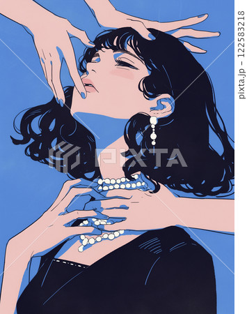 複数の手が彼女の首に伸びている 複数の手が彼女の首に伸びている 122583218