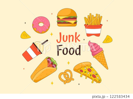 Junk Food Vector Illustration featuring Fast Food Meals such as French Fries, Pizza, Fried Chicken, and Hamburgers in a Flat Style Cartoon Background 122583434