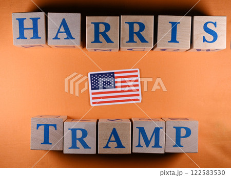 Wooden cubes with the names of US presidential candidates Donald Trump and Kamala Harris Wooden cubes with the names of US presidential candidates Donald Trump and Kamala Harris 122583530