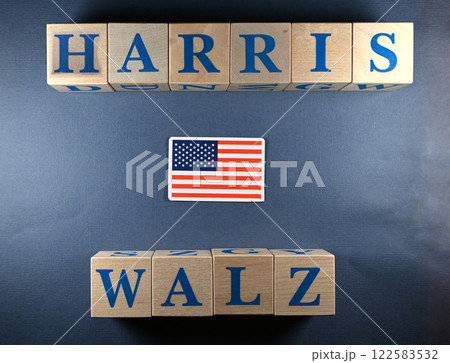 Wooden cubes with the names of US presidential and vice presidential candidates Kamala Harris and Tim Walz Wooden cubes with the names of US presidential and vice presidential candidates Kamala Harris and Tim Walz 122583532