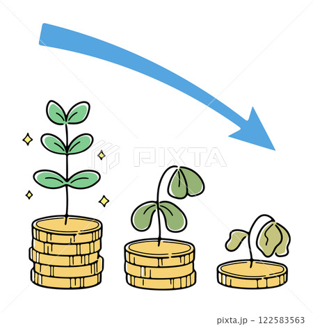 お金が減っていくイメージを植物と矢印で表現したイラスト(カラー1) 122583563