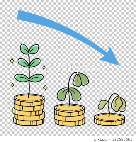 お金が減っていくイメージを植物と矢印で表現したイラスト(カラー1) 122583563