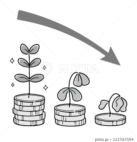 お金が減っていくイメージを植物と矢印で表現したイラスト(グレースケール) お金が減っていくイメージを植物と矢印で表現したイラスト(グレースケール) 122583564