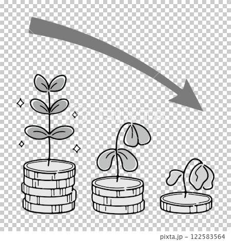 お金が減っていくイメージを植物と矢印で表現したイラスト(グレースケール) お金が減っていくイメージを植物と矢印で表現したイラスト(グレースケール) 122583564