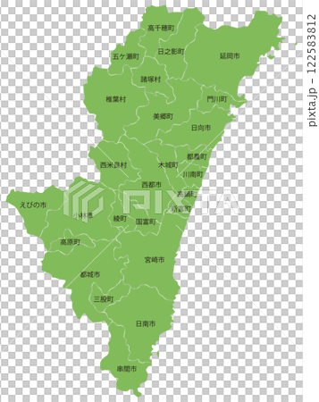 Dividable map of Miyazaki prefecture with city and town names Dividable map of Miyazaki prefecture with city and town names 122583812