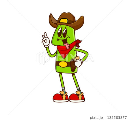 Groovy math number 1 cowboy or Western bandit character, cartoon vector. Funny groovy number One 1 as Texas ranger in cowboy hat with gun and funky silly tongue out face as Wild West bandit character 122583877