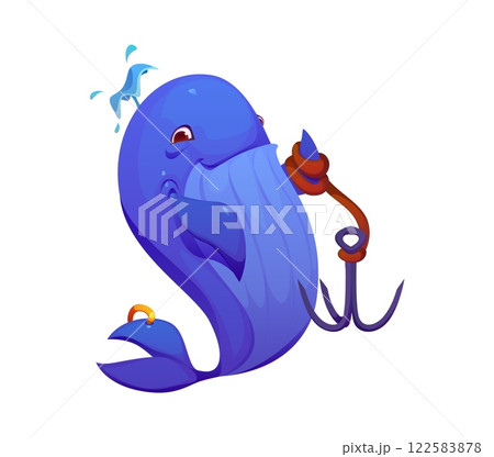 Cartoon funny whale animal pirate character. Vector underwater blue sperm rover, sailor, corsair, seaman personage has a hook for one of its fins, navigates the high seas seeking aquatic adventures Cartoon funny whale animal pirate character. Vector underwater blue sperm rover, sailor, corsair, seaman personage has a hook for one of its fins, navigates the high seas seeking aquatic adventures 122583878