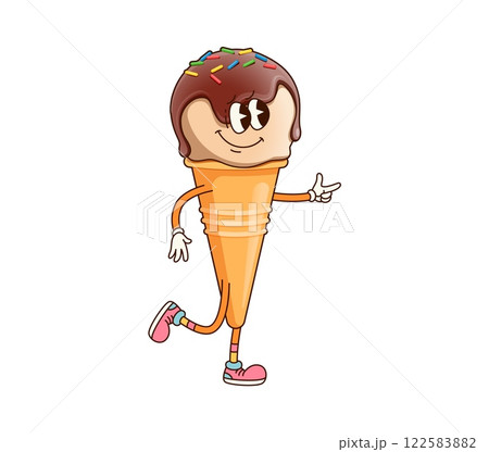 Groovy ice cream character with a lively expression and chocolate topping, cheerfully giving finger gun gesture. Isolated cartoon vector playful and vibrant summer treat personage with funny face Groovy ice cream character with a lively expression and chocolate topping, cheerfully giving finger gun gesture. Isolated cartoon vector playful and vibrant summer treat personage with funny face 122583882