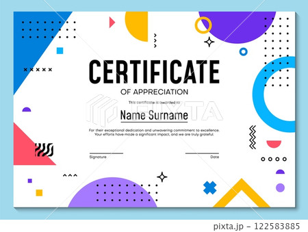 Certificate of appreciation template with abstract geometric Memphis pattern. Modern document with vibrant colors and playful shapes for awards, recognitions, honoring and achievements celebrations Certificate of appreciation template with abstract geometric Memphis pattern. Modern document with vibrant colors and playful shapes for awards, recognitions, honoring and achievements celebrations 122583885