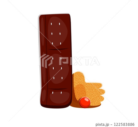 Cartoon letter L styled as a cricket pad, complete with glove and red cricket ball equipment. Vector sport font, educational typeface, funny type, kids English alphabet typography uppercase symbol 122583886