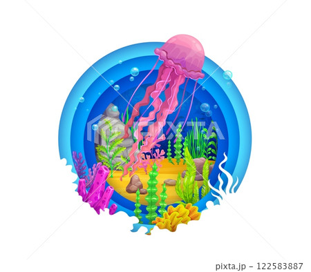 Paper cut banner with jellyfish at underwater landscape and seaweeds, vector background. Ocean undersea or sea underwater life in paper cut water with cartoon cutout jellyfish and fishes in coral reef 122583887