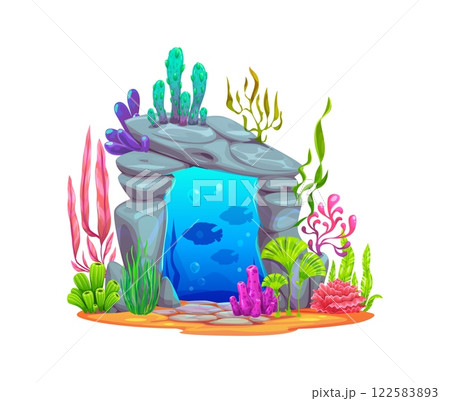 Underwater sea portal in stone gate for magic game or undersea fantasy, cartoon vector. Underwater game element of water portal in rock cave or stone arch with fishes and seaweeds of coral reef 122583893