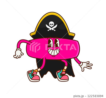 Groovy cartoon math minus sign pirate or Caribbean corsair character, vector mathematical symbol. Groovy math subtraction equation or minus sign as pirate captain in tricorne hat and happy face 122583894