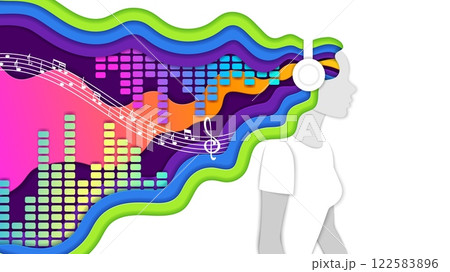 Paper cut woman with music waves in hairs. 3d vector papercut girl wearing headphones with colorful musical waves flowing from her hair and equalizer pattern, embodies inspiration and imagination Paper cut woman with music waves in hairs. 3d vector papercut girl wearing headphones with colorful musical waves flowing from her hair and equalizer pattern, embodies inspiration and imagination 122583896