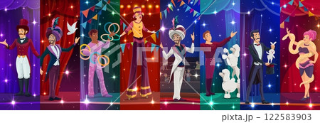 Cartoon circus performer characters collage, vector carnival artists and animals at circus arena. Cute magician, juggler, clown and entertainer, snake charmer and dog trainer performer characters Cartoon circus performer characters collage, vector carnival artists and animals at circus arena. Cute magician, juggler, clown and entertainer, snake charmer and dog trainer performer characters 122583903