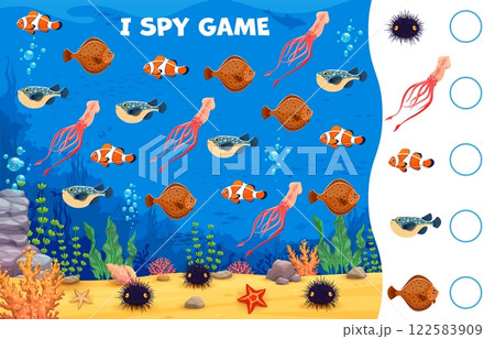 I spy game worksheet with sea underwater animals and fishes, vector puzzle quiz. Kids I spy game to find and match same picture of cartoon undersea or ocean funny characters, clownfish, squid and fugu 122583909
