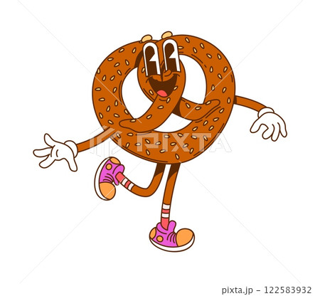 Groovy pretzel, retro cartoon hippie fast food character, vector funny pastry. Groovy pretzel bagel with happy smile and funky face, psychedelic hippie Oktoberfest bagel or hipster fast food character 122583932