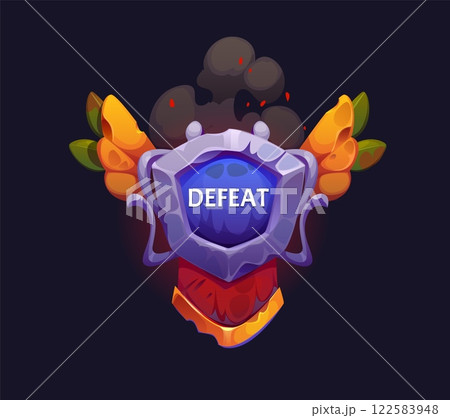 Defeat game icon or badge, gui fantasy arcade final banner. Vector level end label, pop up medieval videogame screen. Lose battle sign with a winged stone shield, black smoke and withered leaves 122583948