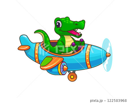 Cartoon crocodile pilot on plane, funny animal aviator in toy airplane, vector baby character. Crocodile pilot or little alligator flying in propeller airplane with happy smile for kids zoo animal Cartoon crocodile pilot on plane, funny animal aviator in toy airplane, vector baby character. Crocodile pilot or little alligator flying in propeller airplane with happy smile for kids zoo animal 122583968