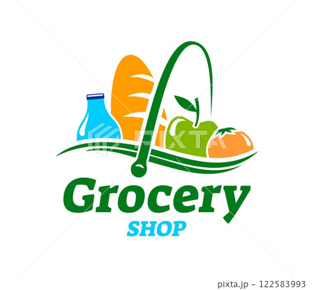 Grocery shop icon for food store and supermarket with products in shopping basket, vector emblem. Grocery store icon with silhouette of shop basket with bread loaf, milk bottle and apple or tomato 122583993