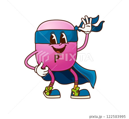 Cartoon groovy vitamin P superhero character. Vector flavonoids pill, fantasy super hero bubble micronutrient defender, comic book personage in cape and mask. Capsule supplement for metabolism balance 122583995