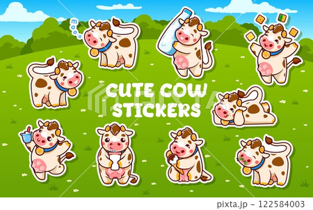 Cartoon cute cow characters stickers pack of dairy farm animals with milk products on green grass field vector background. Happy cow characters with milk bottle, cheese, ice cream and cream cup 122584003