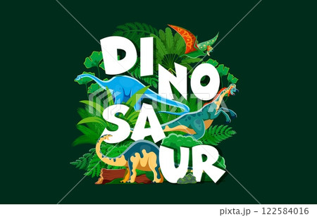 Prehistoric dinosaur characters banner with cartoon jurassic dino and forest trees. Funny reptile and bird vector personages, oviraptor, melanorosaurus, quetzalcoatlus and haplocanthosaurus dinosaurs Prehistoric dinosaur characters banner with cartoon jurassic dino and forest trees. Funny reptile and bird vector personages, oviraptor, melanorosaurus, quetzalcoatlus and haplocanthosaurus dinosaurs 122584016