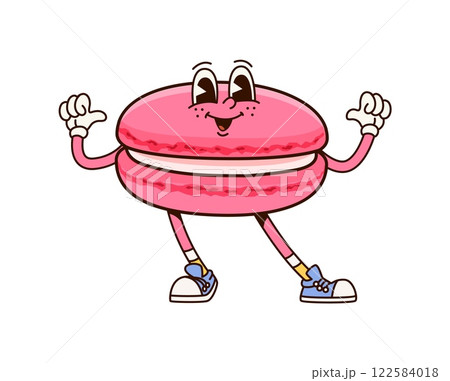 Groovy macaroon dessert character. Isolated cartoon vector sweet confectionery personage pointing on itself with thumbs. Cute French pastry or bakery, confident patisserie product for kids cafe menu 122584018