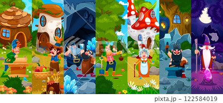 Cartoon fairytale gnome, elf and dwarf characters collage. Vector funny miner, gardener and carpenter gnomes, fairy blacksmith, magician and farmer elves characters at magic forest, town and mine 122584019
