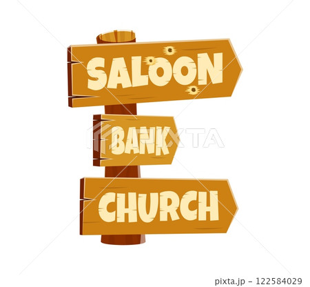 Letter E as wild west signpost with cowboy font, directing to saloon, bank, and church. Cartoon vector vintage western wooden directional sign with pointing arrows. Typeface, type, English alphabet Letter E as wild west signpost with cowboy font, directing to saloon, bank, and church. Cartoon vector vintage western wooden directional sign with pointing arrows. Typeface, type, English alphabet 122584029