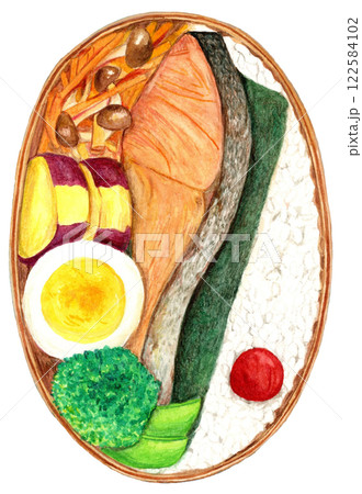 手描き水彩の美味しそうな鮭弁当のイラスト 122584102