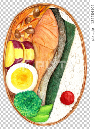 手繪水彩畫,畫的是看起來很美味的鮭魚便當 手繪水彩畫,畫的是看起來很美味的鮭魚便當 122584102