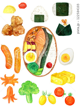 手描き水彩の美味しそうなお弁当のイラストセット 手描き水彩の美味しそうなお弁当のイラストセット 122584103