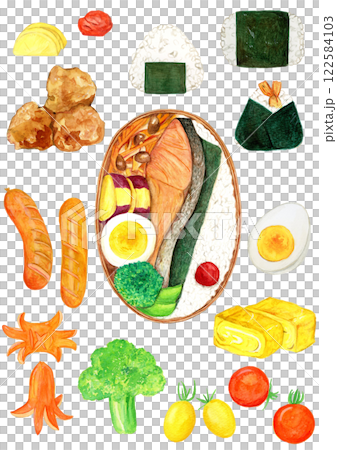 Hand-drawn watercolor illustration set of delicious looking bento lunches Hand-drawn watercolor illustration set of delicious looking bento lunches 122584103