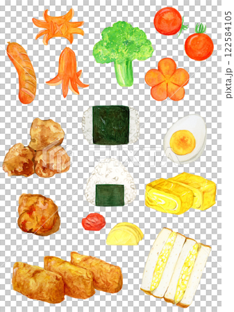 手描き水彩の美味しそうなお弁当具材のイラストセット 122584105