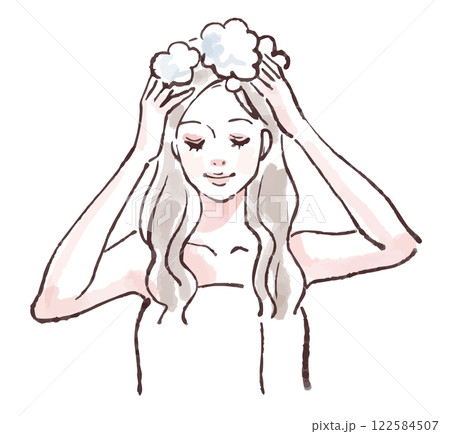 髪を洗う、入浴、シャワーを浴びる、シャンプーをする女性のイラスト素材 髪を洗う、入浴、シャワーを浴びる、シャンプーをする女性のイラスト素材 122584507