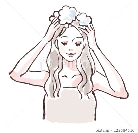髪を洗う、入浴、シャワーを浴びる、シャンプーをする女性のイラスト素材 髪を洗う、入浴、シャワーを浴びる、シャンプーをする女性のイラスト素材 122584510