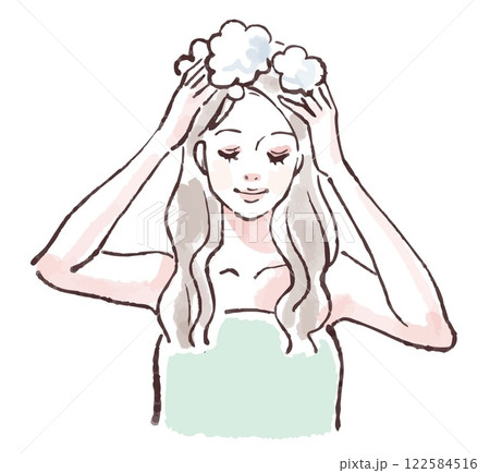 髪を洗う、入浴、シャワーを浴びる、シャンプーをする女性のイラスト素材 髪を洗う、入浴、シャワーを浴びる、シャンプーをする女性のイラスト素材 122584516