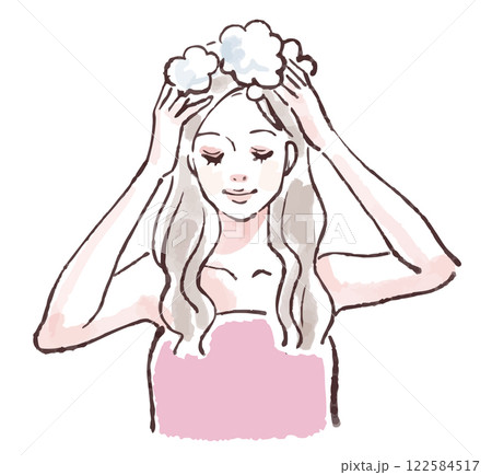 髪を洗う、入浴、シャワーを浴びる、シャンプーをする女性のイラスト素材 髪を洗う、入浴、シャワーを浴びる、シャンプーをする女性のイラスト素材 122584517