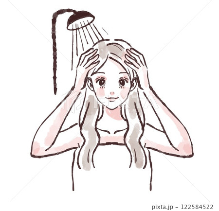 髪を洗う、入浴、シャワーを浴びる、シャンプーをする女性のイラスト素材 122584522