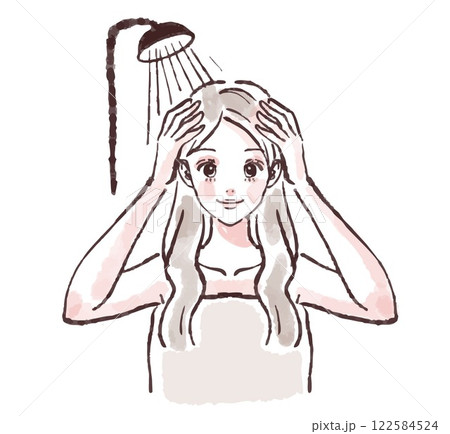 髪を洗う、入浴、シャワーを浴びる、シャンプーをする女性のイラスト素材 122584524