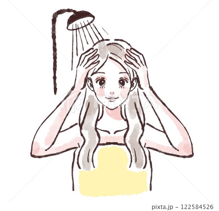 髪を洗う、入浴、シャワーを浴びる、シャンプーをする女性のイラスト素材 122584526
